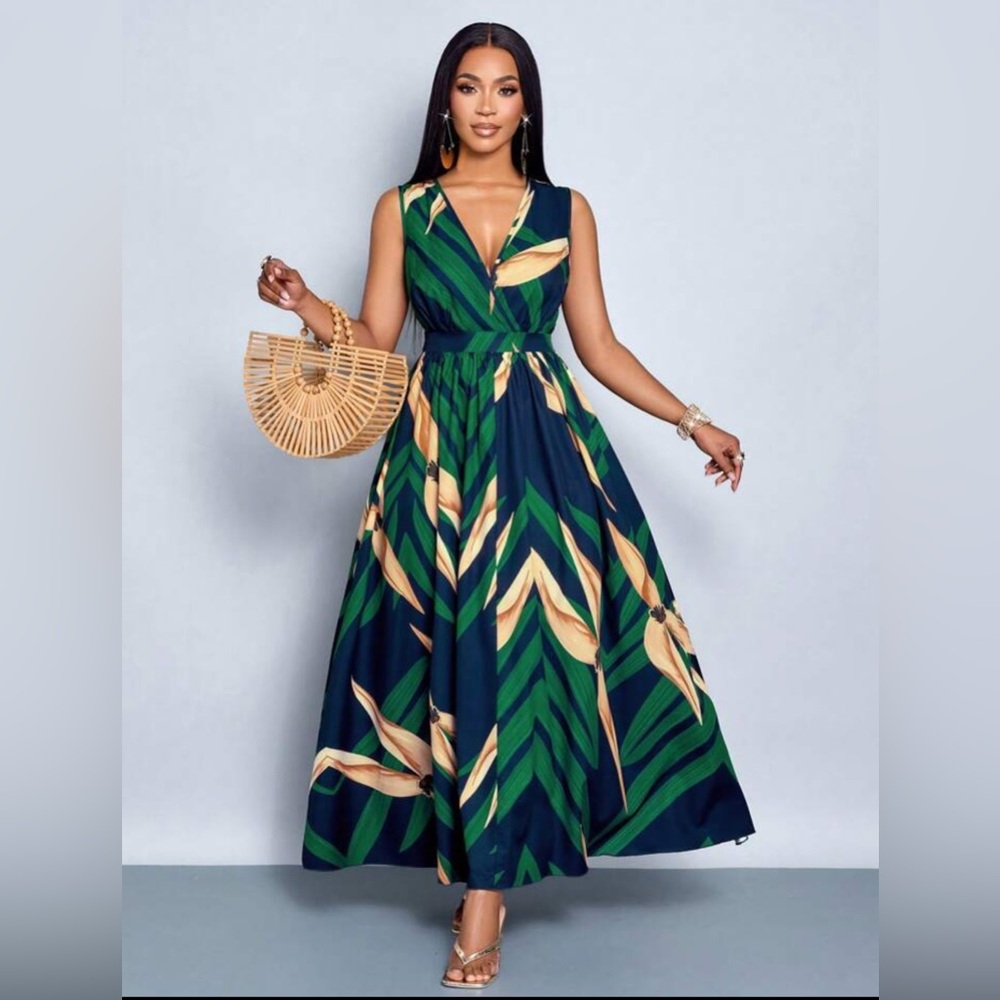 Elegant Green and Gold Maxi Dress